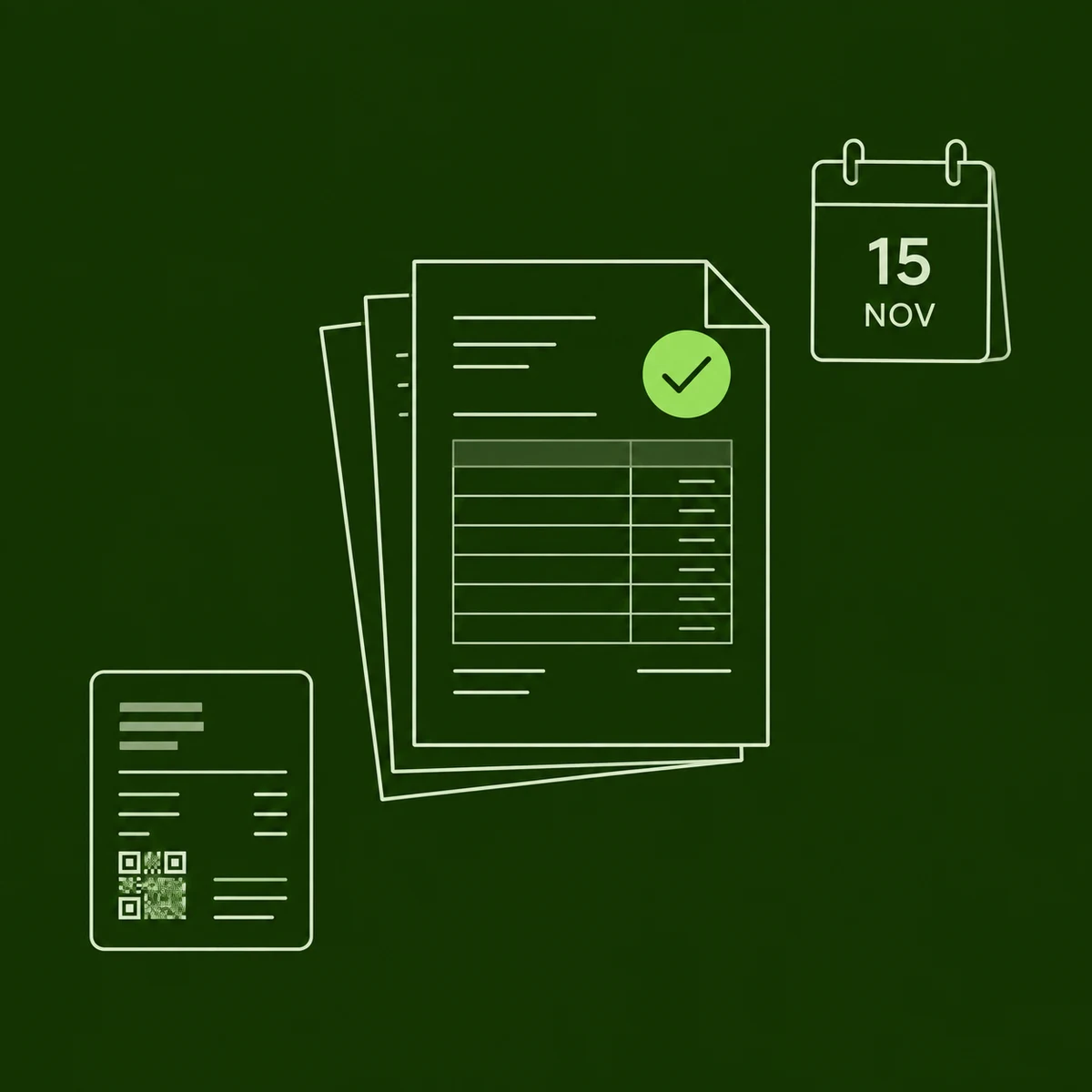 Documentos con un sello de verificación, una factura electrónica y un calendario del 15 de noviembre.