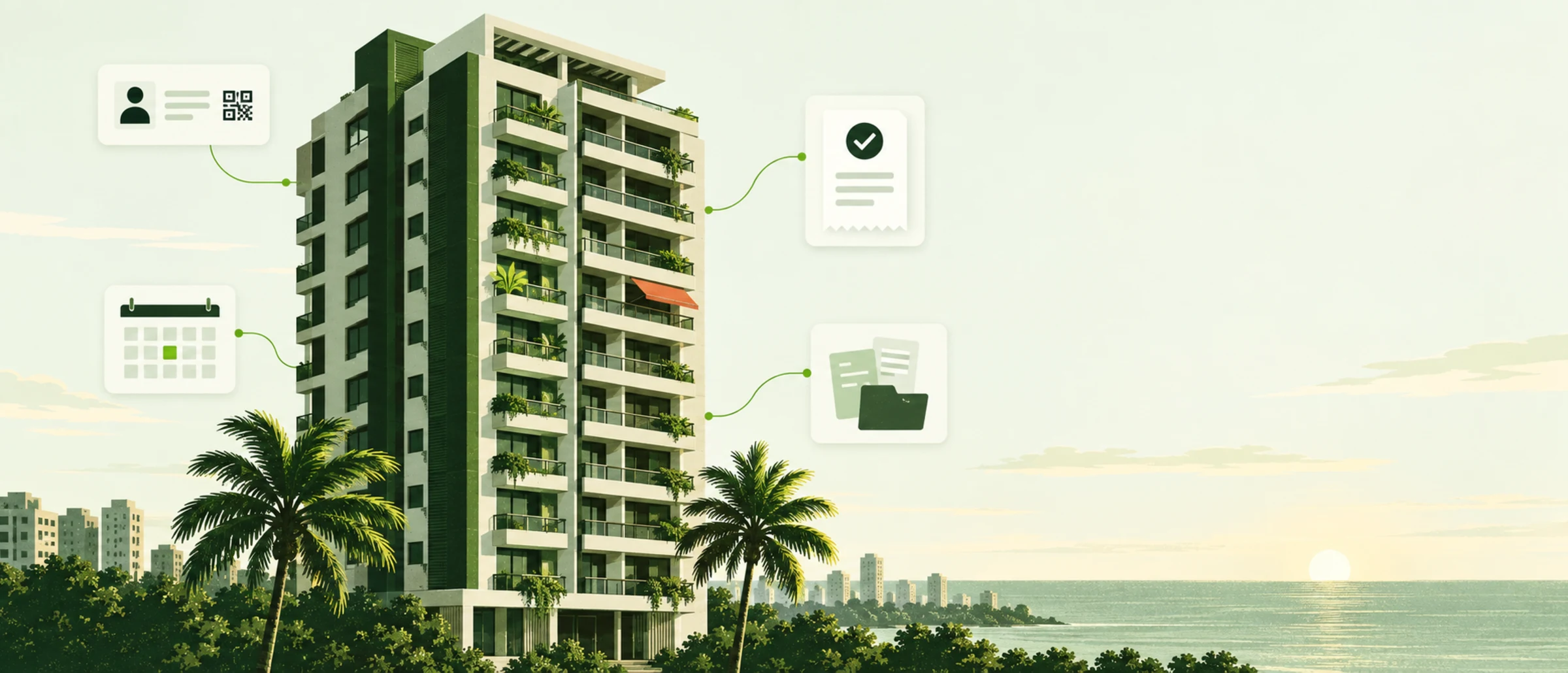 Torre residencial rodeada de tarjetas de visitas, pagos, reservas y documentos.